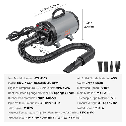 Dog Blow Dryer 2000W With Adjustable Speed And Nozzles