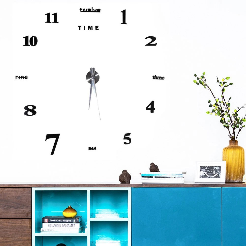 Modern DIY Large Wall Clock Kit 3D Mirror Surface Sticker for Home Office Decor