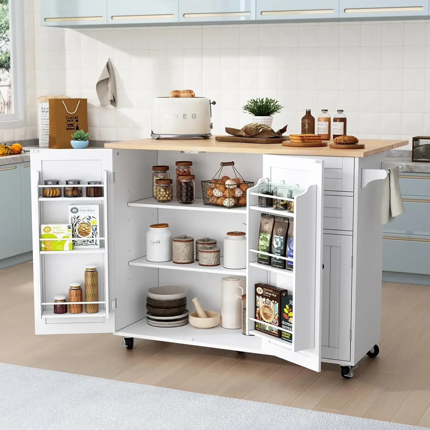 ANGDUO Modern Rolling Kitchen Island with Storage and Drop-Leaf