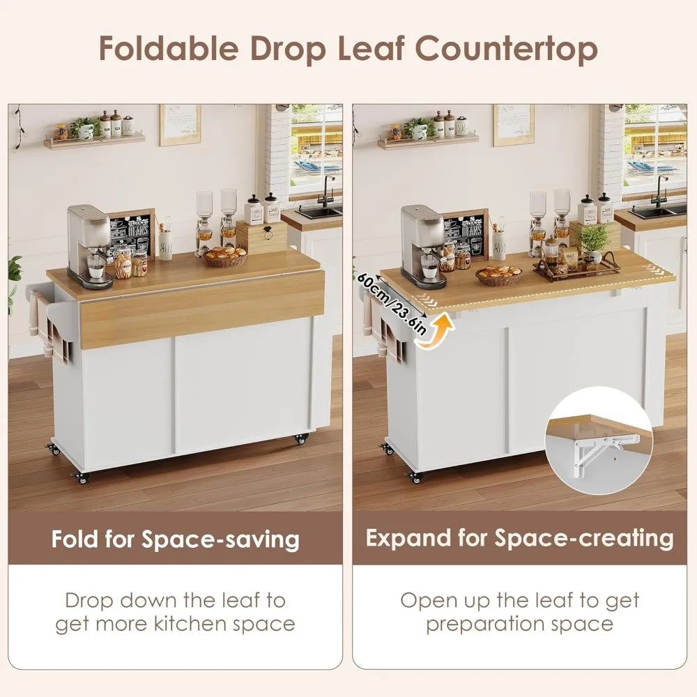 MKDK Rolling Kitchen Island with Storage and Drop Leaf Countertop
