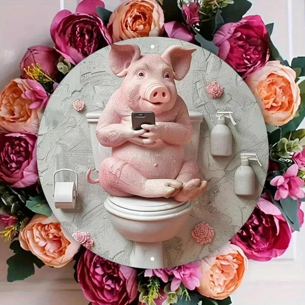 Swine and Vine Oinkment Distressed Aluminum Pig Art Round Garland Design with Tulip Embossed Snout Whimsical Bathroom Decor