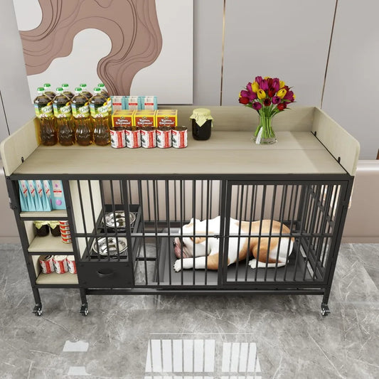 Dog Crate Furniture for Large Dogs, 57'' Dog Kennel with Adjustable Height Feeder, Dog Cage with 2 Stainless Steel Bowls and 2 D