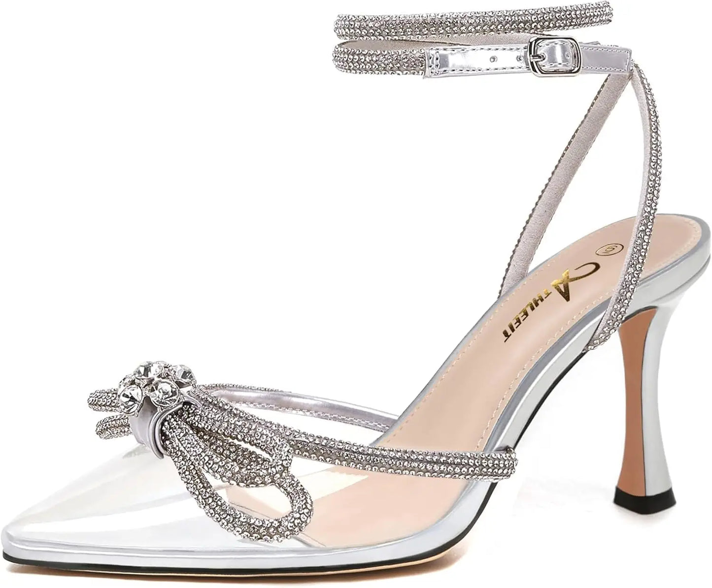Women's Rhinestone Bow Heels Ankle Strap Pointed Toe Stiletto Heeled Sandals Wedding Bridal Dress Pumps