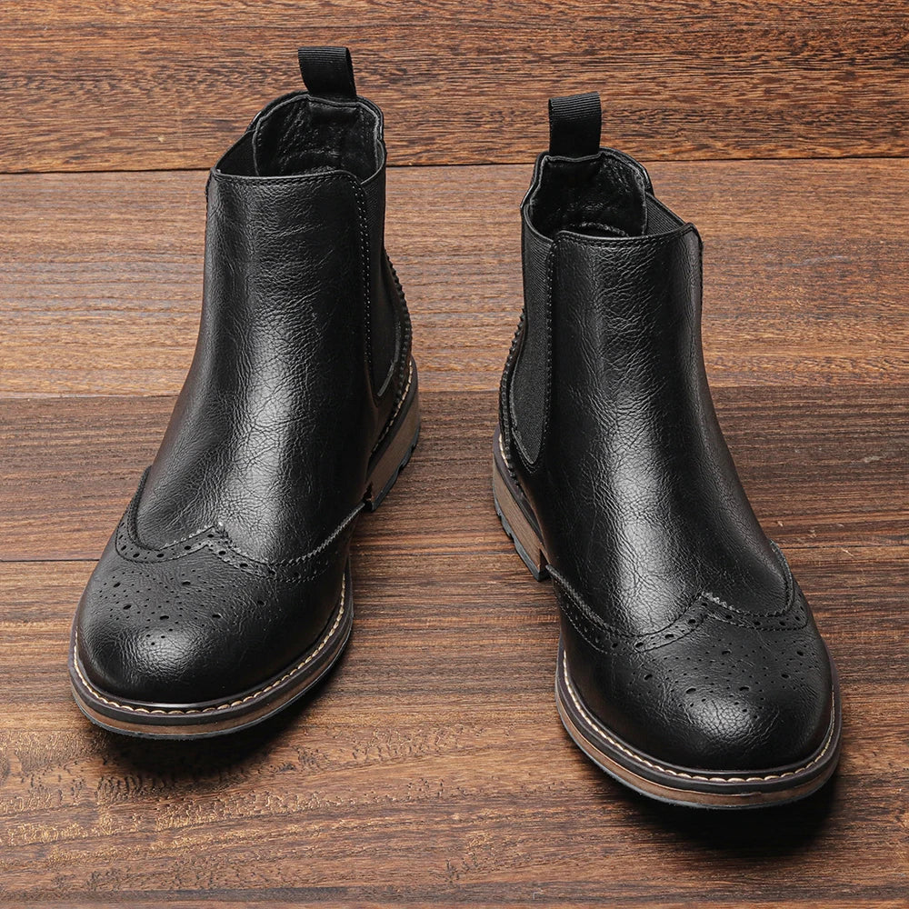 Brogue Men Chelsea Boots 2025 American Style Comfortable Leather Ankle Boots