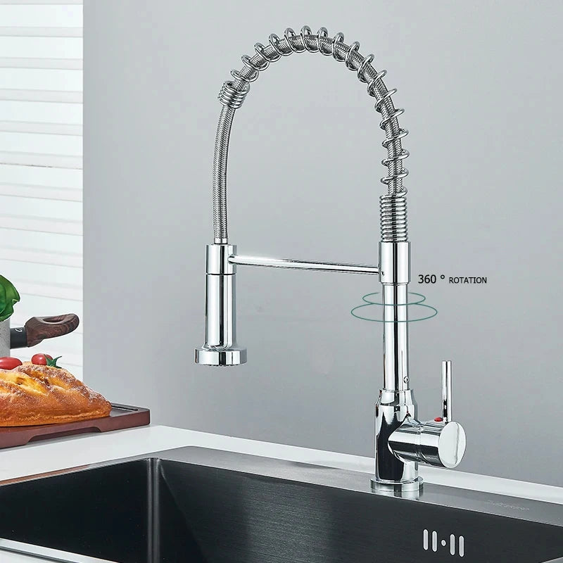 Chrome Spring Pull Down Kitchen Faucet with Stream Spray Head Hot and Cold Water Tap Stainless Steel Rotation Kitchen Mixer Crane