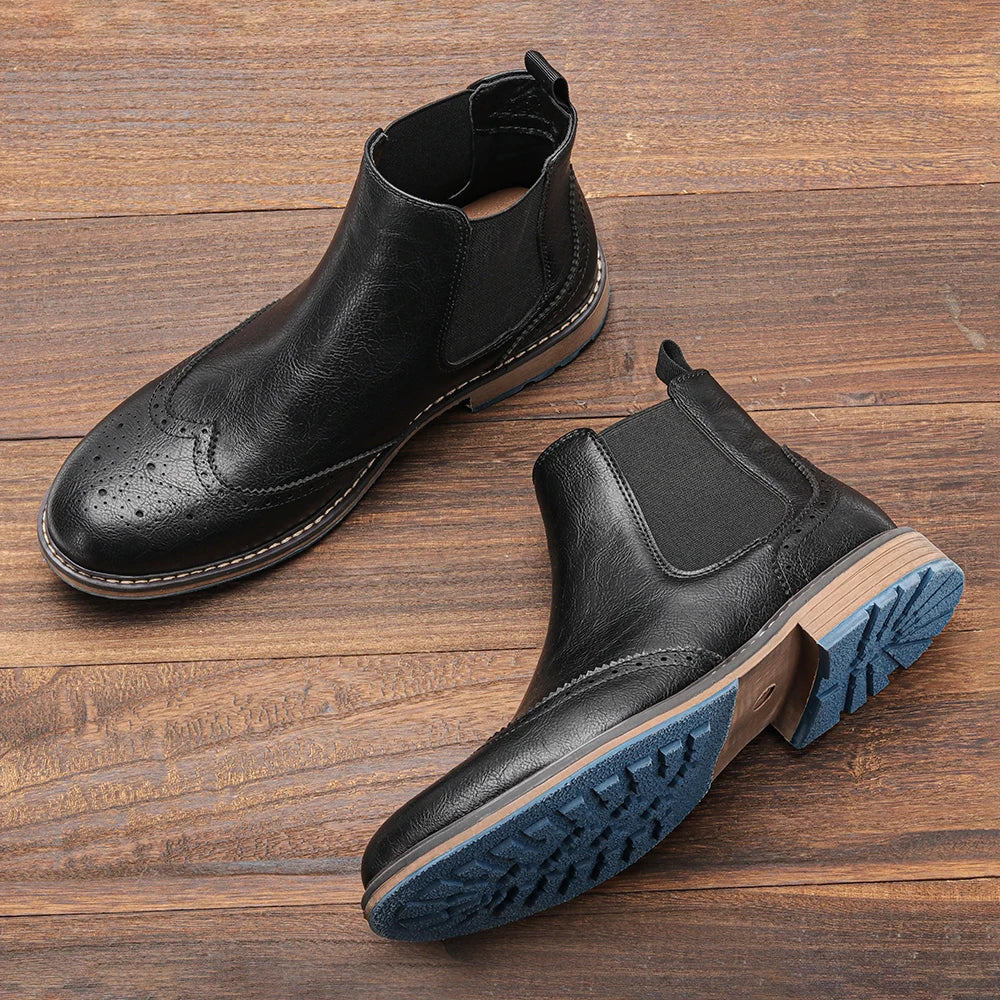 Brogue Men Chelsea Boots 2025 American Style Comfortable Leather Ankle Boots