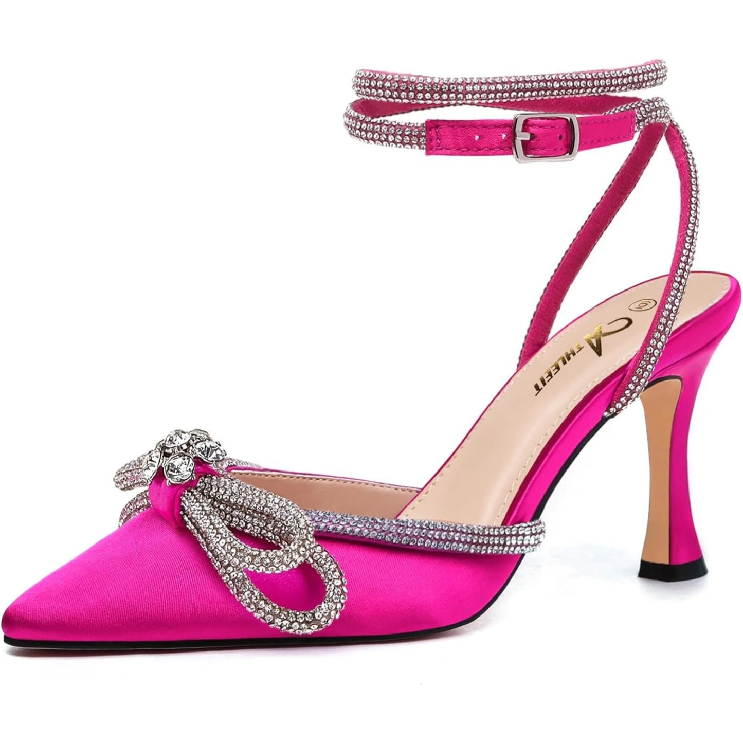 Women's Rhinestone Bow Heels Ankle Strap Pointed Toe Stiletto Heeled Sandals Wedding Bridal Dress Pumps
