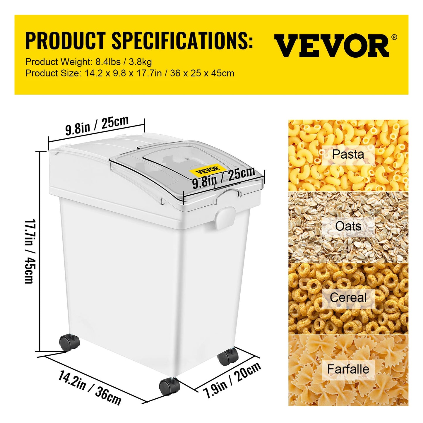 VEVOR 25L Dry Ingredient Storage Bin with Scoop and Caster Dustproof for Rice Flour and Soybeans in Restaurant Kitchen Commercial Use