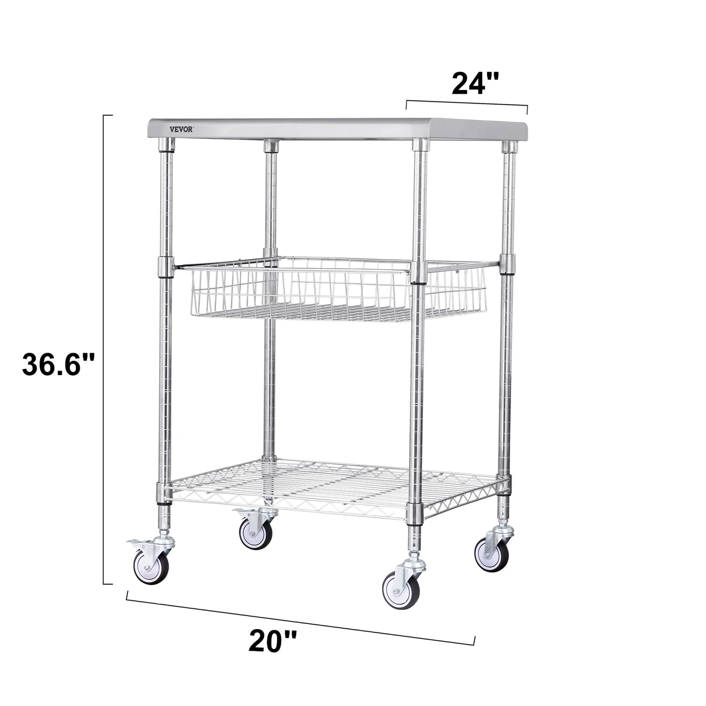 SucceBuy 3-Tier Rolling Utility Cart Metal Storage Shelving Unit