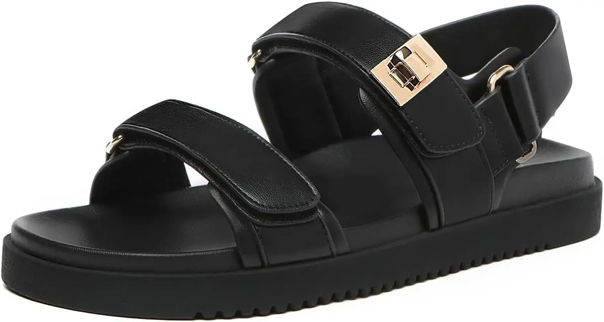 Women's Flat Sandals Comfort Adjustable Double Strap Slip on Leather Footbed Sandals Shoes