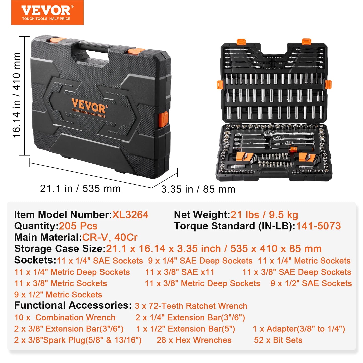VEVOR Mechanics Tool Set and Socket Set 145/205 Pcs Kit