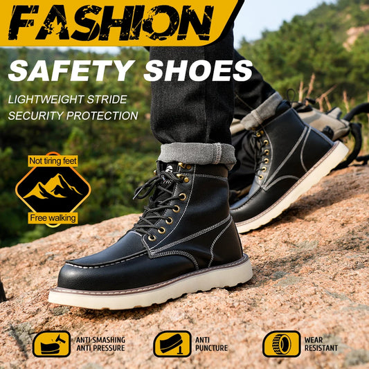 None Leather Two-Layer Cowhide High Top Anti-Puncture Safety Shoes