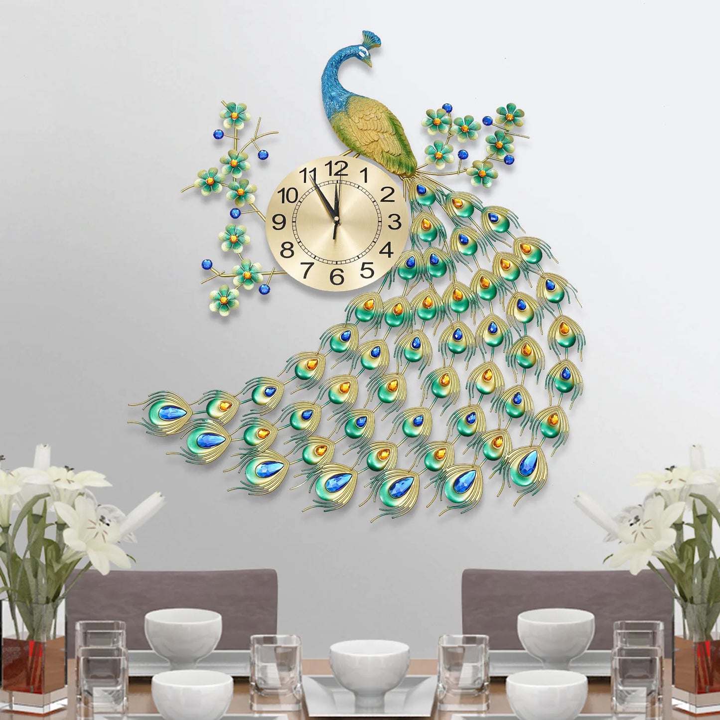 Luxury Peacock Wall Clock Metal 3D Art 8.26 Inch Decor
