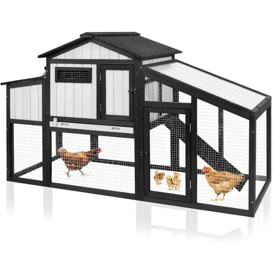 65.3 Inch Chicken Coop and Run Wooden Hen House for One to Two Chickens with Nesting Box Tray and Perches Indoor Outdoor Pet Hutch