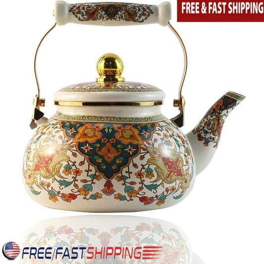 Colorful Floral Enamel Tea Kettle Vintage Boho Porcelain Coffee Pot 2.5L Decorative Kitchen Gift Tea Time Essentials