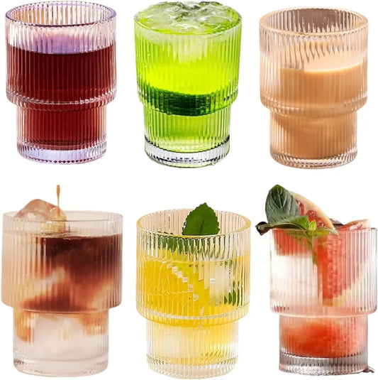 Drinkware Ribbed Stackable Glass Cups 6 Pack Reusable