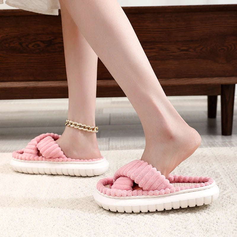 2025 Autumn Winter New Women Home Slippers Open Toe Cross Band Linen Soled Indoor Slides Non Slip Bathroom Slippers