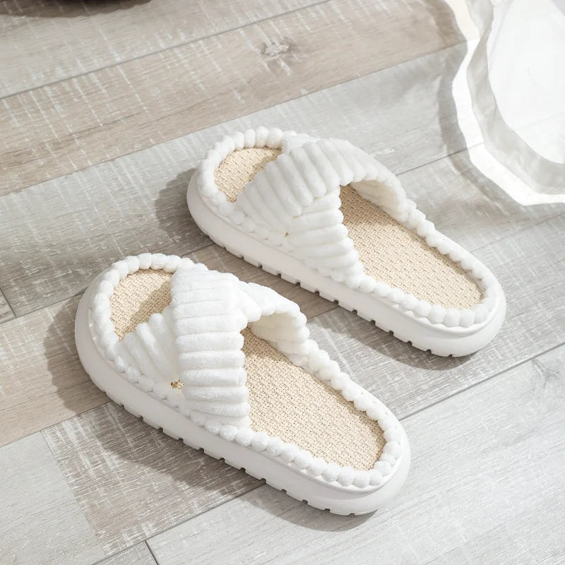 2025 Autumn Winter New Women Home Slippers Open Toe Cross Band Linen Soled Indoor Slides Non Slip Bathroom Slippers