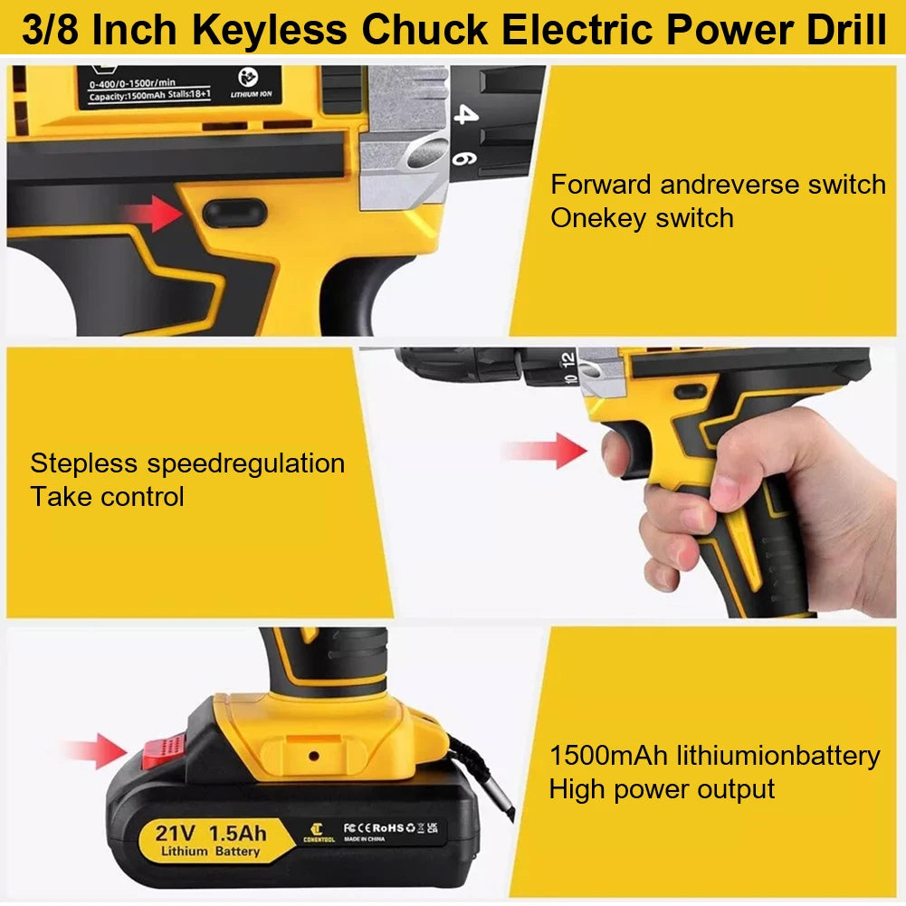 21V Cordless Drill 3/8 Inch Keyless Chuck Electric Drill 25 Plus 1 Clutch Max Torque 25 Plus 1 Nm Two Variable Speed for Home DIY and Repair