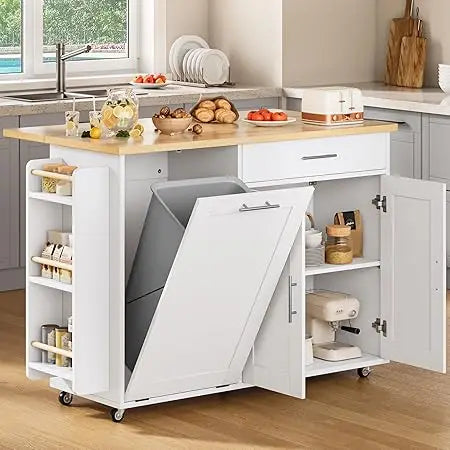 MKDK Rolling Kitchen Island with Hidden Trash Can Storage