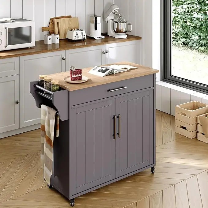 41 Inch Wooden Kitchen Storage Island Cart with Spice Rack