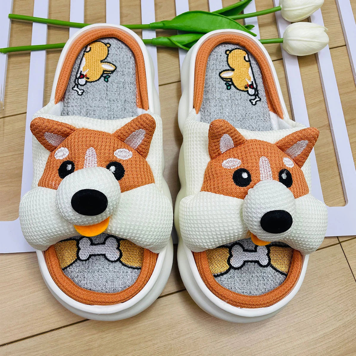 Lucky Bean Cute Corgi Slippers Women Men Home Breathable