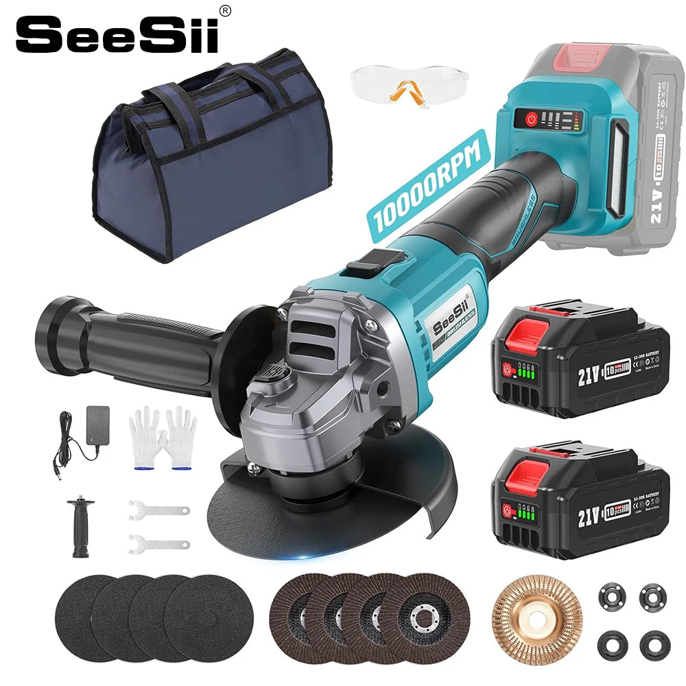 Seesii 21V Brushless Angle Grinder Cordless Cutting Polishing Tool