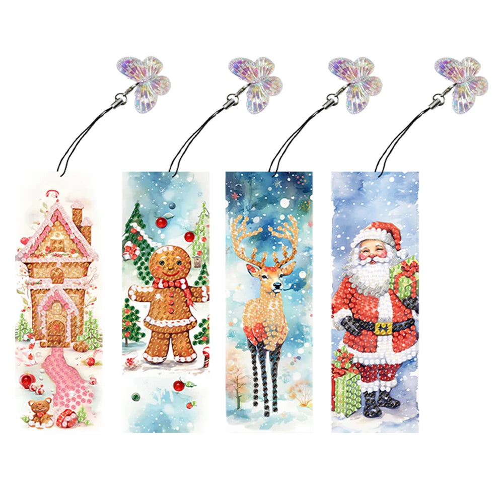 4Pcs Special Shape Santa Claus Elk Diamond Painting Bookmark 5D DIY Diamond Art Kit with Pendant