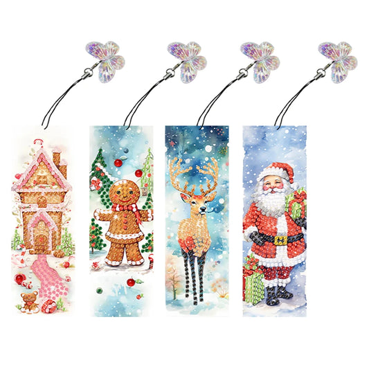 4Pcs Special Shape Santa Claus Elk Diamond Painting Bookmark 5D DIY Diamond Art Kit with Pendant