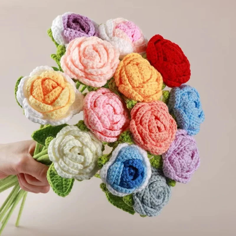 6 Pieces Multi Color DIY Knitting Rose Flower Bouquet Hand Knitted Fake Flowers Crochet Floral Arrangement