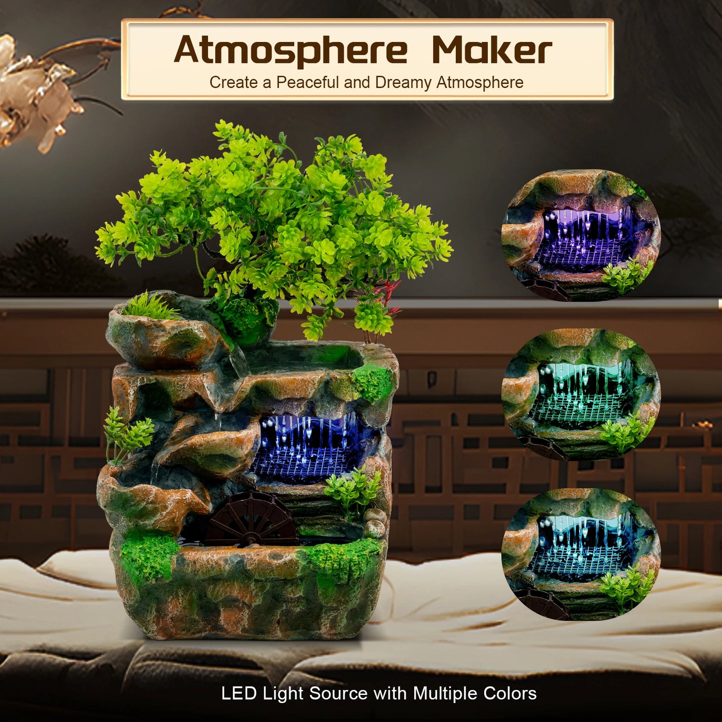 Resin Tabletop Fountain Ornament With LED For Home Office
