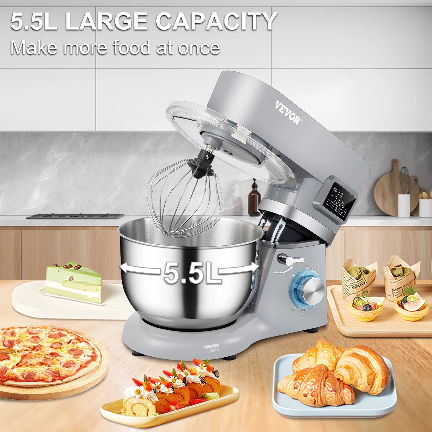 SucceBuy 5.5 7L Electric Stand Mixer with 6 Speeds LCD Screen Timing Food Mixer Cream Egg Whisk Dough Kneader with Steel Bowl