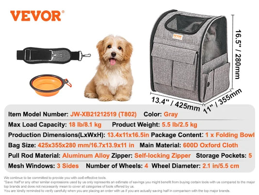 SucceBuy Pet Cat Carrier Breathable Dog Carry Backpack with Telescopic Handle Wheels and Shoulder Strap for Travel