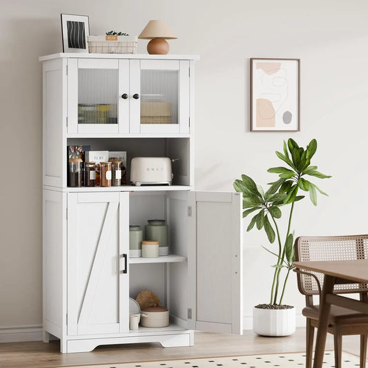 HobbyLane Free Standing Kitchen Pantry Cupboard with Tempered Glass Doors