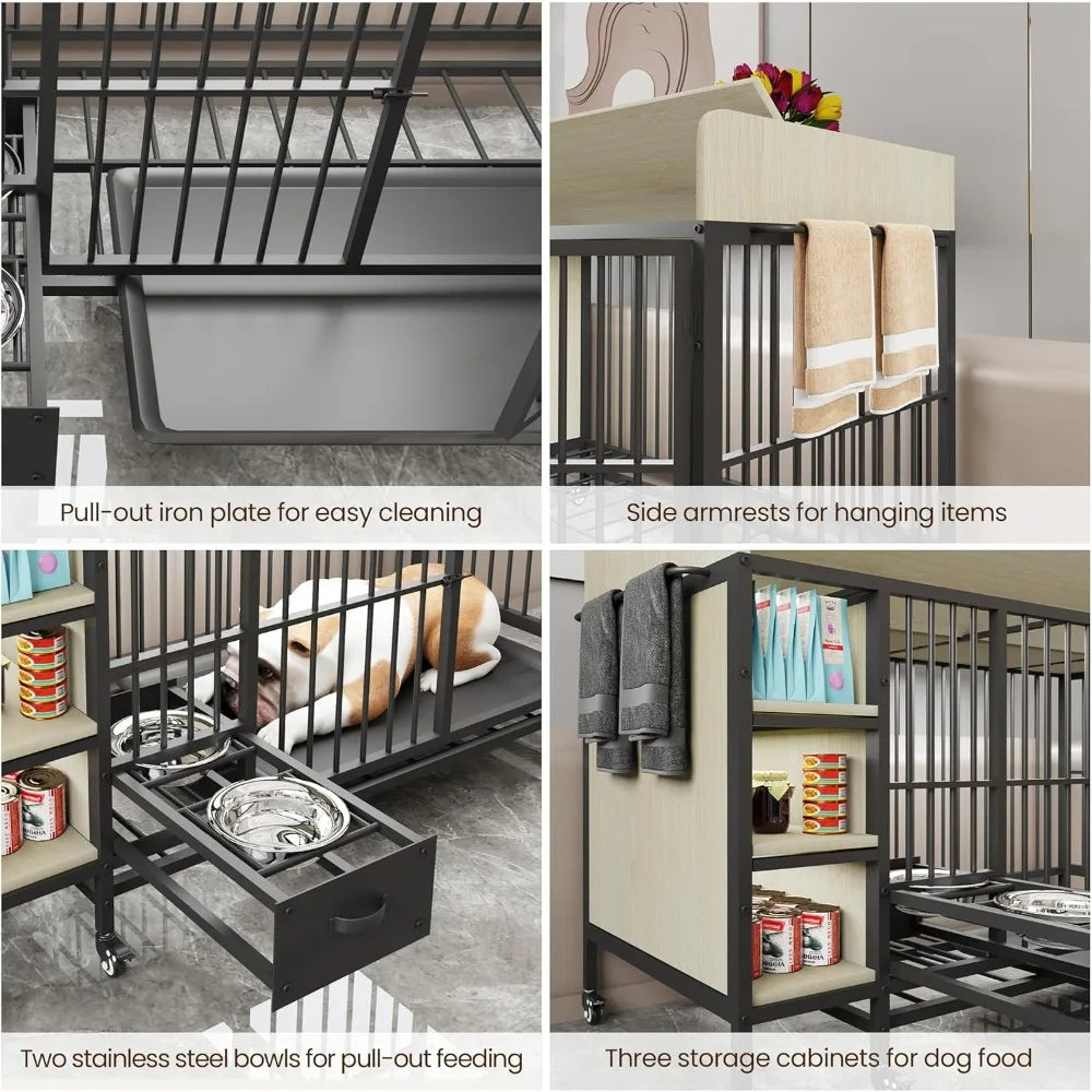 Dog Crate Furniture for Large Dogs, 57'' Dog Kennel with Adjustable Height Feeder, Dog Cage with 2 Stainless Steel Bowls and 2 D