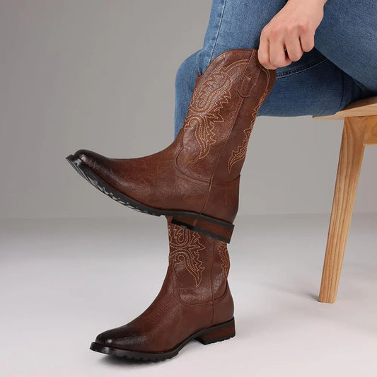 DoraTasia Plus Size 12.5 Retro Square Toe Neutral Cowboy Boots Luxury Embroidered Western Pull-On Boots