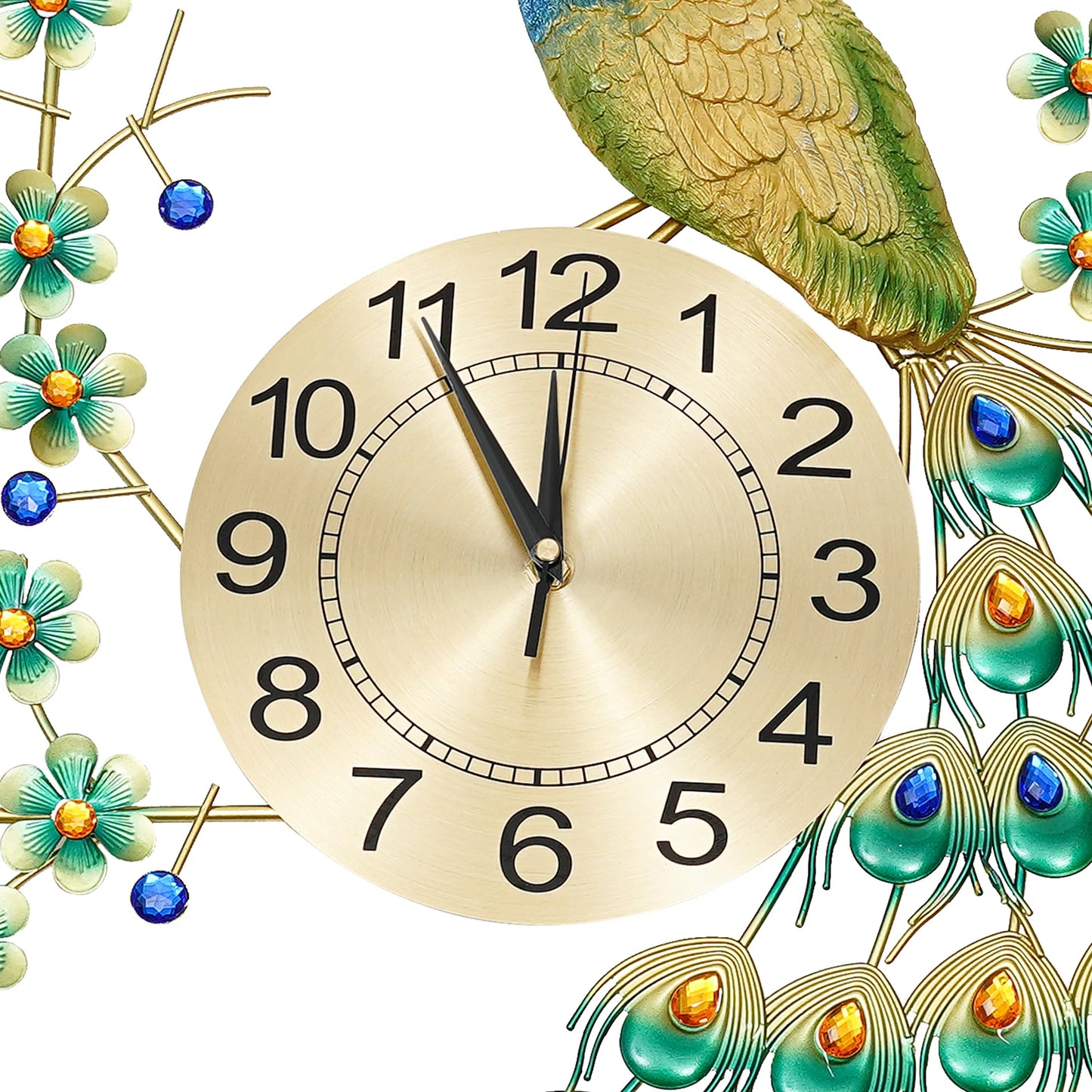 Luxury Peacock Wall Clock Metal 3D Art 8.26 Inch Decor