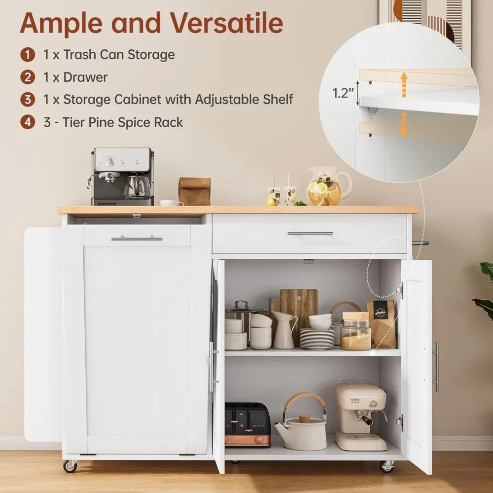 MKDK Rolling Kitchen Island with Hidden Trash Can Storage