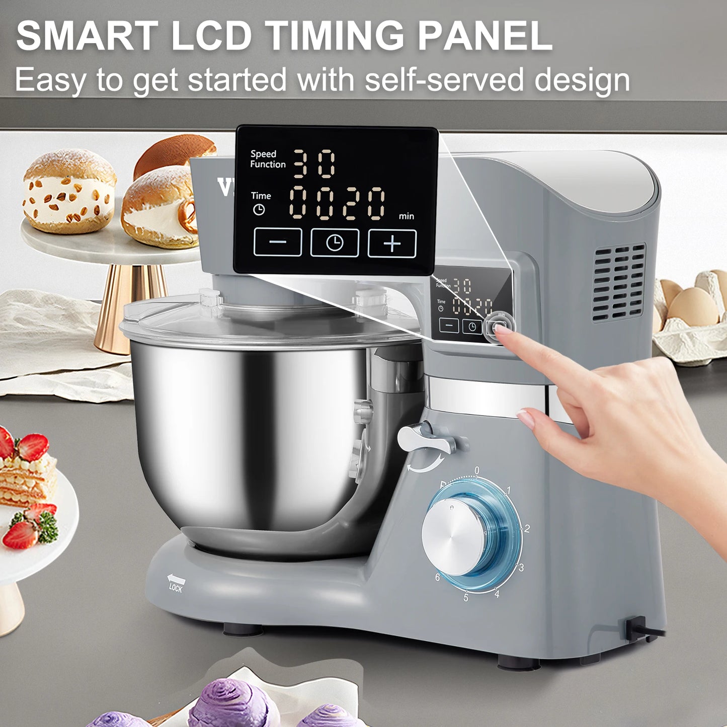 SucceBuy 5.5 7L Electric Stand Mixer with 6 Speeds LCD Screen Timing Food Mixer Cream Egg Whisk Dough Kneader with Steel Bowl