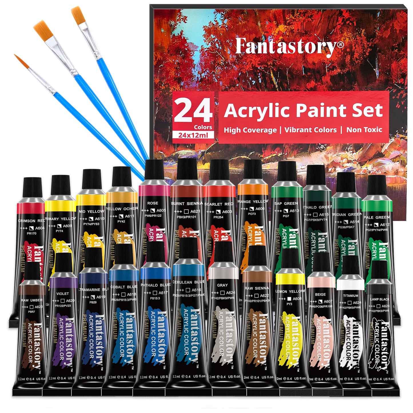 12ML 24 Colors Acrylic Paint Set with 3 Brushes for Adults