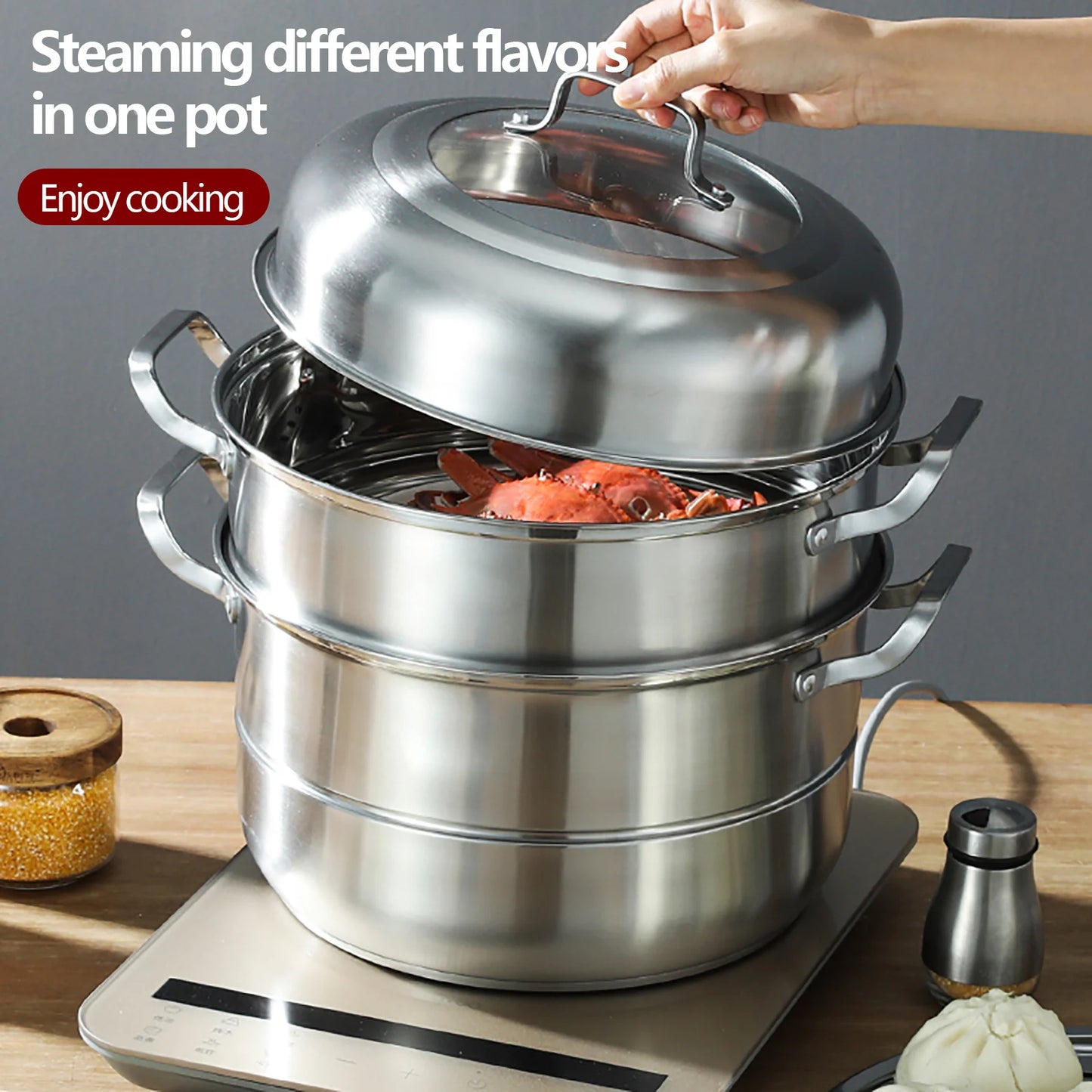304 Stainless Steel Steamer Stackable Steam Cooker 32cm Diameter 5 Levels