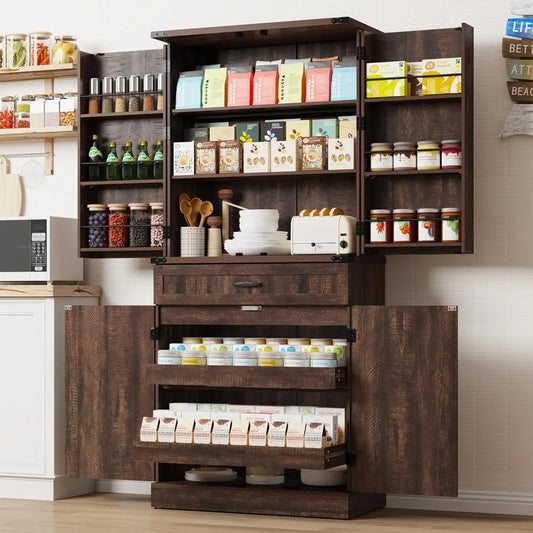 Farmhouse Kitchen Pantry Cabinet with Drawers and Barn Door Shelves