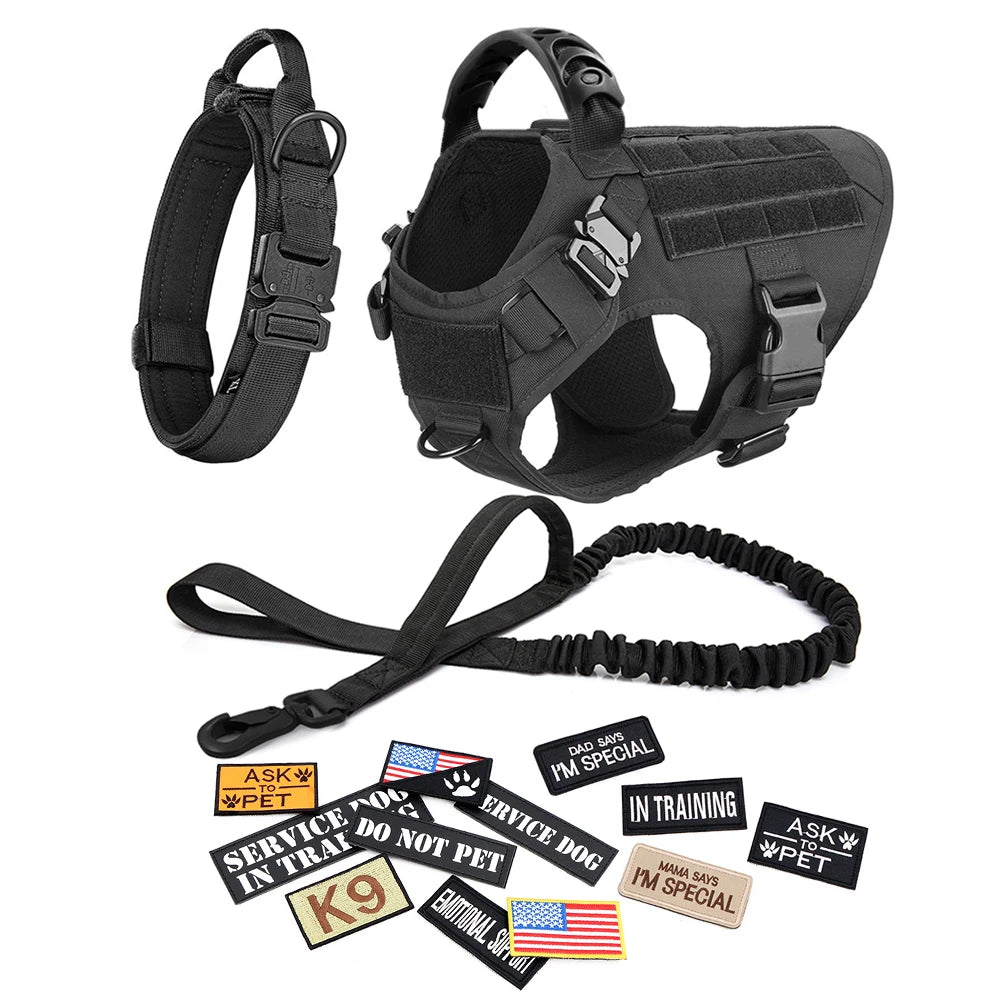 Dog Harness Leash Collar Patches Set for Medium Large Dogs Adjustable Tactical Pet Vest for Training and Walking