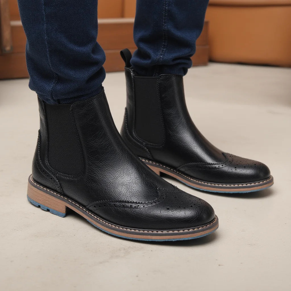 Brogue Men Chelsea Boots 2025 American Style Comfortable Leather Ankle Boots