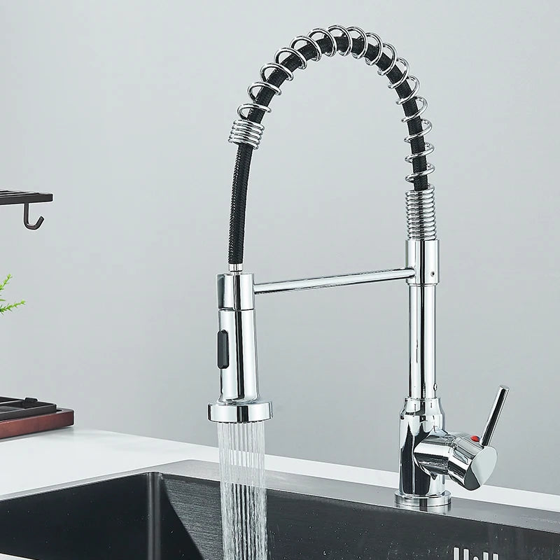 Chrome Spring Pull Down Kitchen Faucet with Stream Spray Head Hot and Cold Water Tap Stainless Steel Rotation Kitchen Mixer Crane