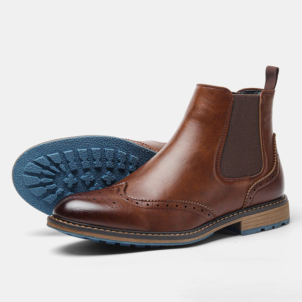 Brogue Men Chelsea Boots 2025 American Style Comfortable Leather Ankle Boots
