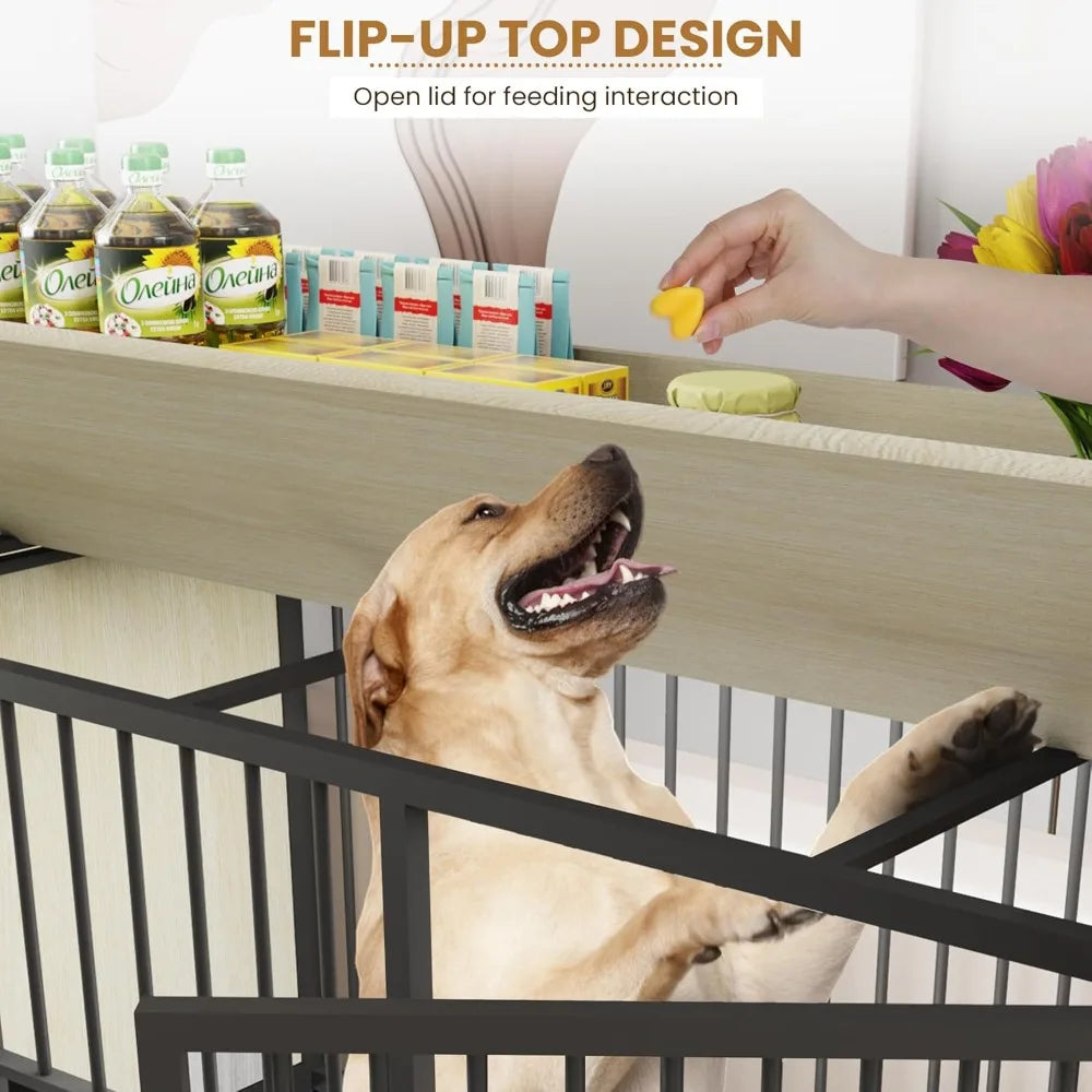 Dog Crate Furniture for Large Dogs, 57'' Dog Kennel with Adjustable Height Feeder, Dog Cage with 2 Stainless Steel Bowls and 2 D